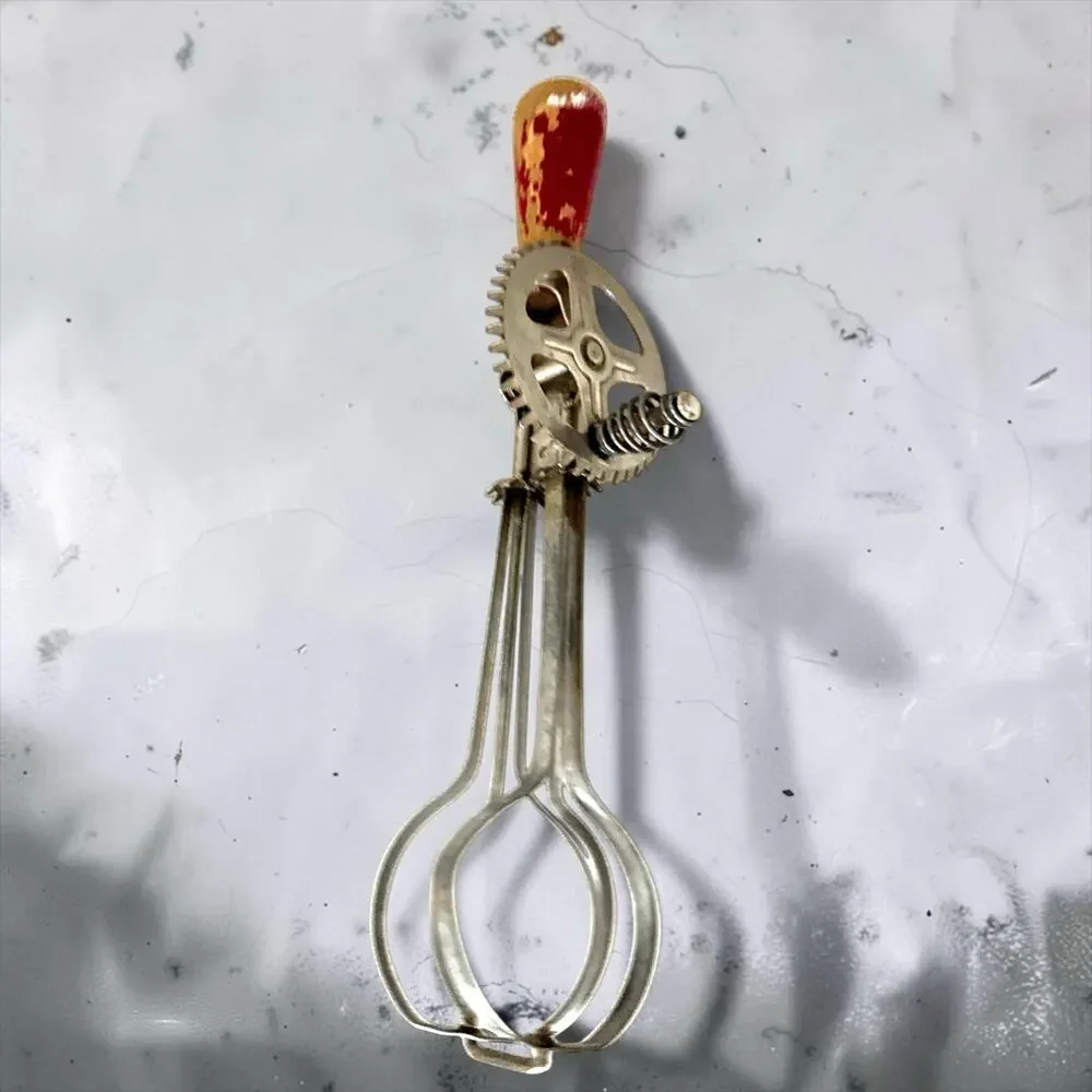 Vintage Red Handle Hand Crank Egg Beater Mixer Wood Handle Farmhouse Kitchen